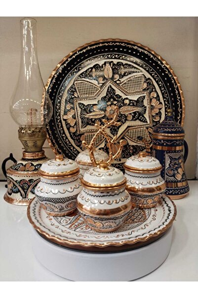 KARACA BAKIR İşlemeli Bakır Sofra Baharat Takımı-Bakır 4lü tepsili Baharat Ta...