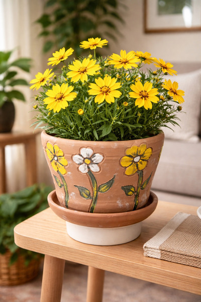 Atiz Çömlek evi El yapımı oyma çiçek desenli saksı