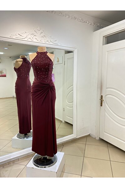gökkuşagı moda Bordo Dik Yaka Likralı Üst İncili Uzun Abiye Elbise