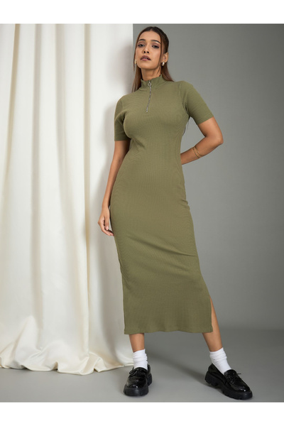 WineRed By Styli Women Olive Ribbed Midi Bodycon Dress