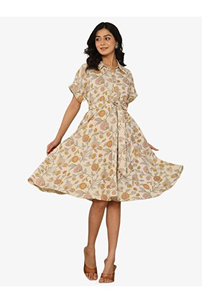 KASYA By Styli Women Floral Print Cotton Linen Knee-Length Dress