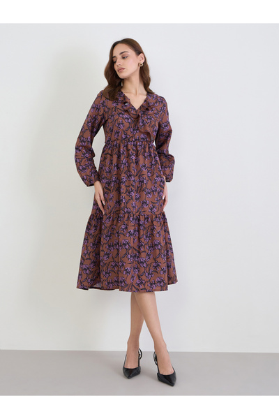 Styli Brown Floral Print Midi Dress