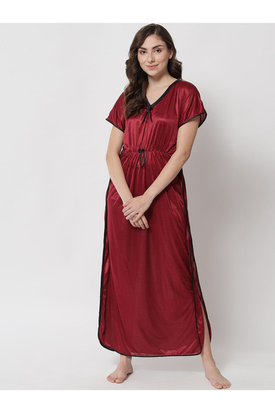 KLAMOTTEN By Styli Women Maroon Satin Kaftan Nightdress