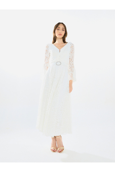 House of Moda By Styli Women Lace Flare Sleeve Midi Dress