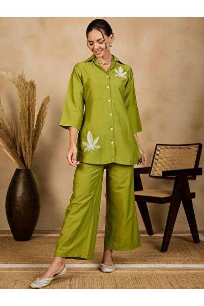 WineRed By Styli Women Green Leaf Embroidery Shirt and Trousers Co-Ords
