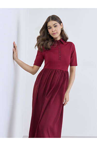 Styli Women Burgundy Buttoned A-Line Midi Dress