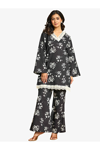 KASYA By Styli طقم نسائي أسود مطبوع من القطن الخالص، يتكون من تونيك وبنطال