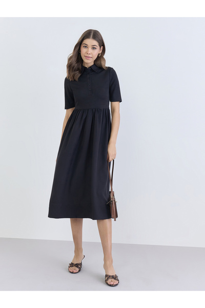 Styli Women Black Short Sleeves A-Line Midi Dress