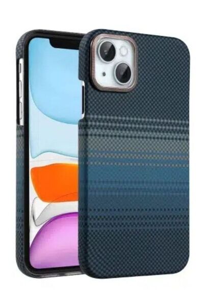 Paladyum Case غطاء أزرق بنمط الكيفلار الكربوني متوافق مع آيفون 13 و14