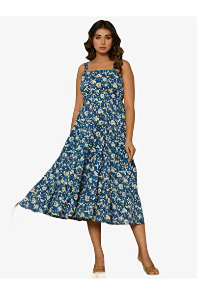 KASYA By Styli Women Blue Cotton Printed Strappy Midi Dress