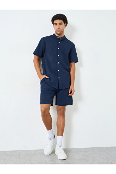 Take Two By Styli Men Textured Stand Collar Shirt and Shorts Co-Ords