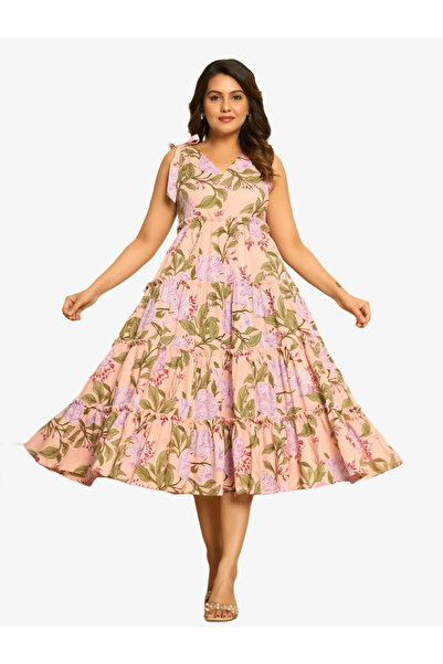 KASYA By Styli Women Pink Cotton Printed Tiered Midi Dress