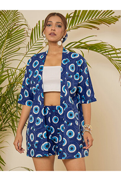 WineRed By Styli Women Blue Evil Eyes Print Kimono and Top with Shorts Co-Ords