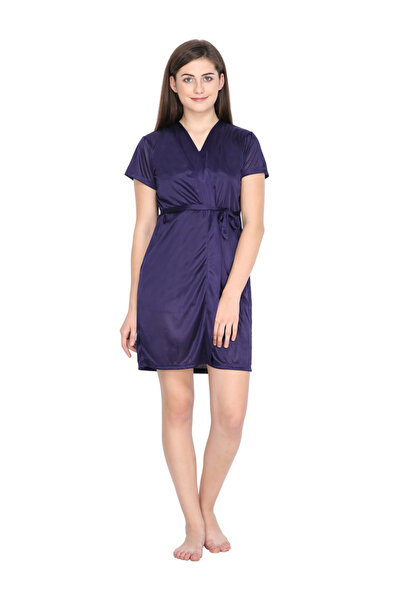 KLAMOTTEN By Styli Women Navy Blue Satin Short Sleeve Robe