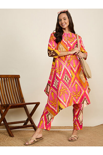 WineRed By Styli Women Pink Geometric Print Tunic with Trousers Co-Ords