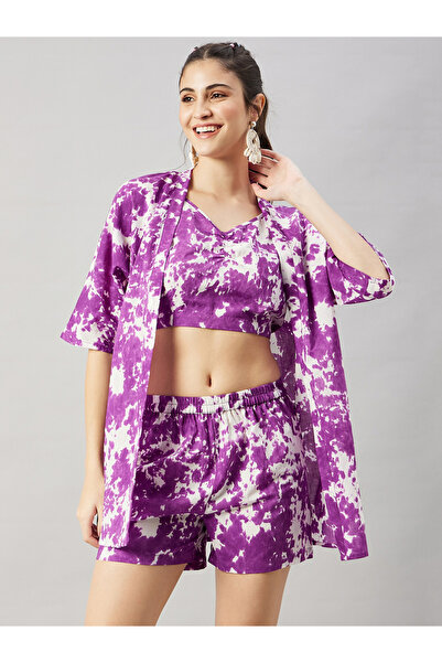 WineRed By Styli Women Purple Kimono and Top with Shorts Co-Ords