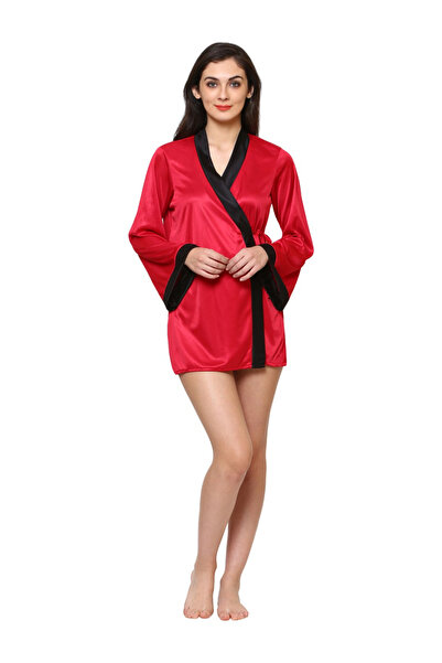KLAMOTTEN By Styli Women Red Satin Long Sleeve Robe