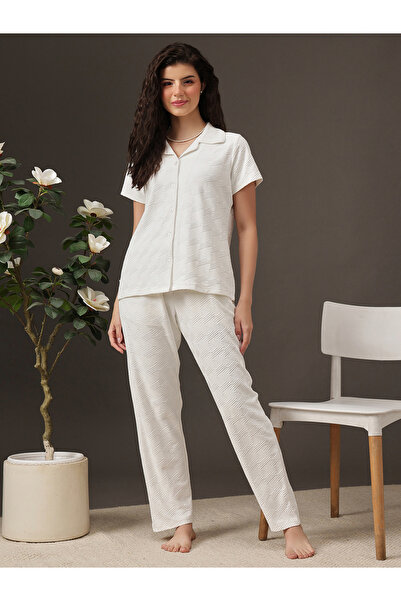 Clovia By Styli Textured Button Down Shirt and Pyjama Set