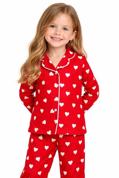 mışıl mışıl kids Girl's Red Heart Patterned Piped Suede Fabric Pajama Set