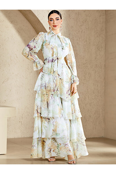 Take Two By Styli Women Floral Print Tiered Maxi Dress with Tie Neck