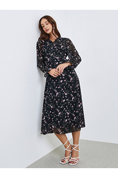 Take Two By Styli Women Floral Printed Round Neck Elastic Cuff Midi Dress