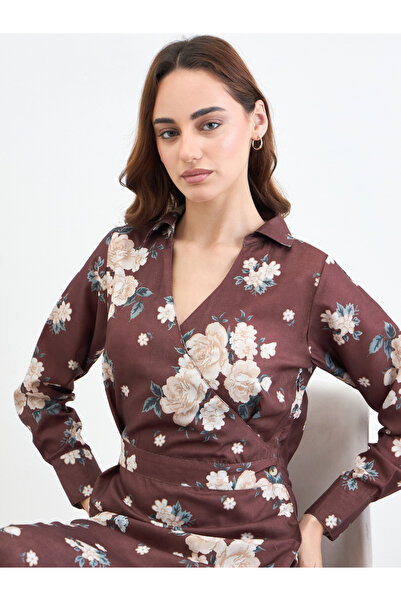 Styli Floral Midi Dress with Open Collar