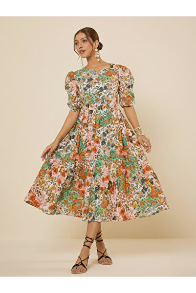 WineRed By Styli Women All Over Print Tiered Midi Dress