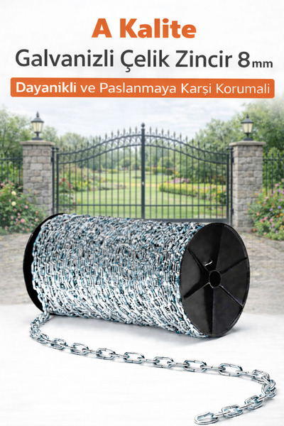 Vi Caro 8 mm Galvaniz Zincir 3 Metre Paslanmaz Çelik Sanayi Zinciri Bahçe Atö...