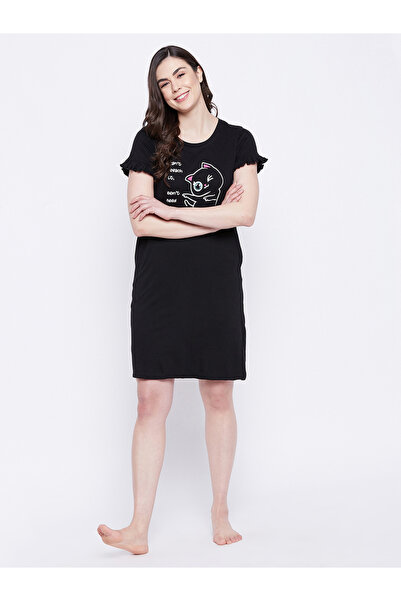 Clovia By Styli Women Black Graphic Print Cotton Nightdress
