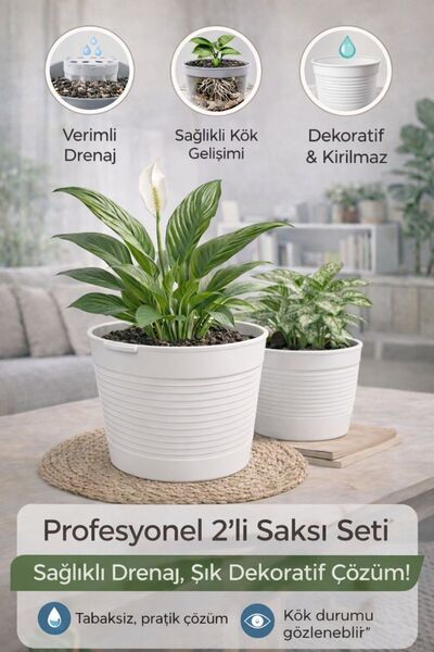 plant-home Akıllı 2’li Saksı Seti – Bone Beyaz Dekoratif Saksı + Şeffaf Üreti...