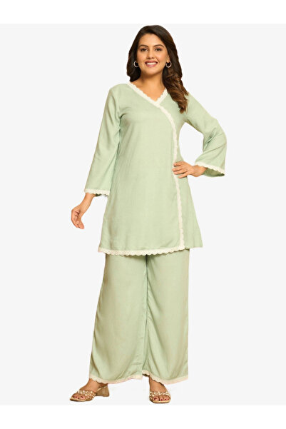 KASYA By Styli Women Green Lace Trim Tunic and Pants Co-Ords
