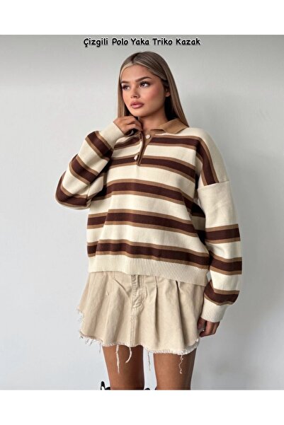 markazzi Women's Striped Polo Neck Knit Sweatshirt