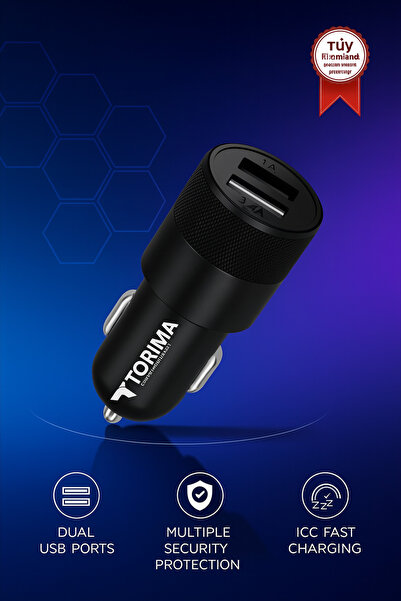 Torima C3 Siyah Tüm Araçlara Uyumlu Araba Çakmaklık Çift USB Girişli Oto Şarj...