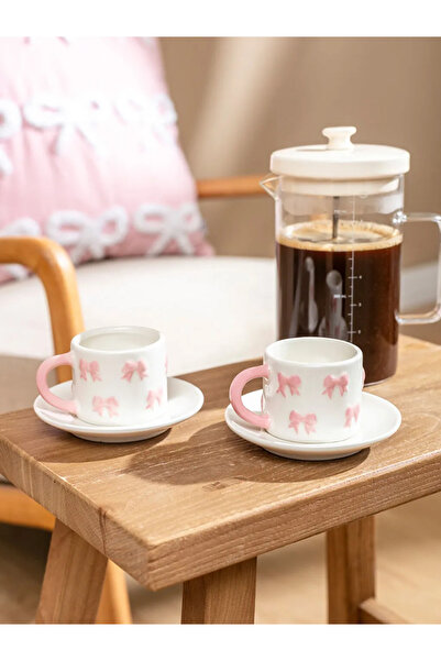LC Waikiki Lcw Home Pink Bow Print 2-Person Ceramic Coffee Cup Set 100 ml