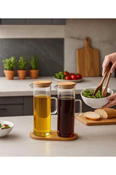 WARDY 400 ML Brosilikat Yağlık-Bambu Altlıklı ve 2 Adet Bambu Kapaklı Cam Yağ...