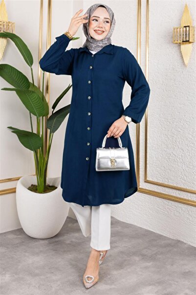 Genel Markalar Manşeti Lastikli Viskon Tunik LACİVERT