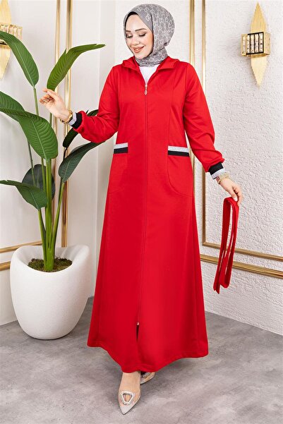 Genel Markalar Kapüşonlu Ribanalı Ferace KIRMIZI - KIRMIZI - 40