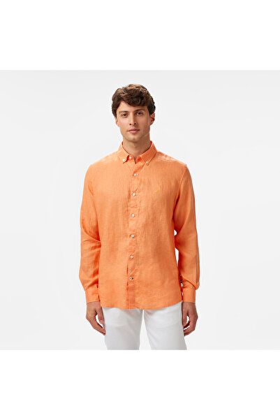 Nautica Erkek Turuncu Classic Fit Keten Gömlek