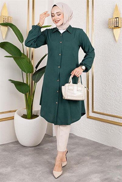 MODA Manşeti Lastikli Viskon Tunik ZÜMRÜT YEŞİLİ