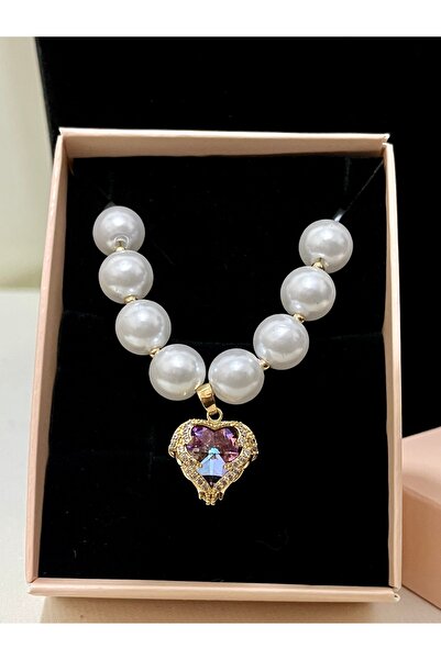 KZNovaStyle Stylish Women's Necklace with Pearl Detail and Purple Stone Heart...