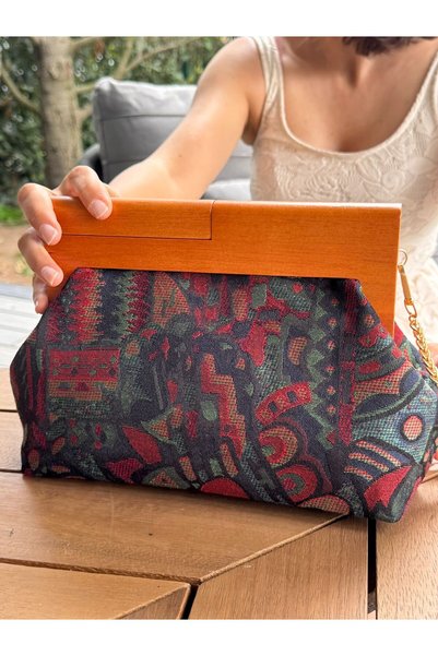 JOPHIEL ATELIER Penalope Collection - Chain, Wooden Buckle Fabric Bag, Clutch Bag, Handbag, Bag