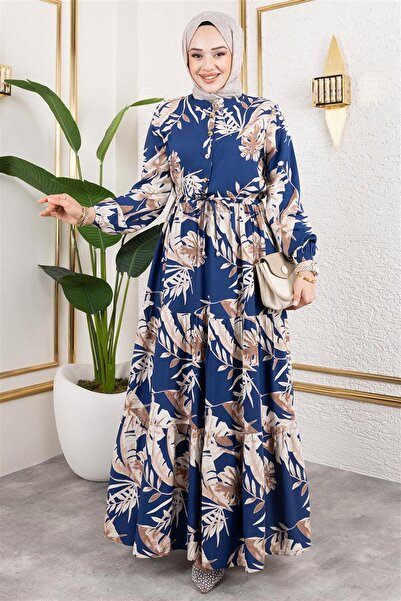 MODA Palmiye Desenli Tesettür Elbise İNDİGO - İNDİGO - 40