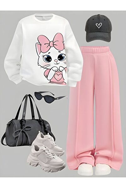 Kids Kedi Baskılı Kız Pamuklu Pembe Beyaz Çimalı Çocuk Alt Üst Takım