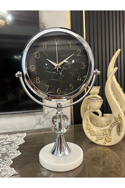 Sleep Nova Mermer Taşlı Kar Küreli Dekoratif Masa Saati (Gümüş)