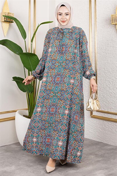 MODA Büyük Beden Desenli Elbise TURKUAZ - TURKUAZ - 44
