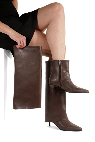 Ayakkabı Podyumum Brown Leather Pointed Boots 5 cm Thin Heel New Season