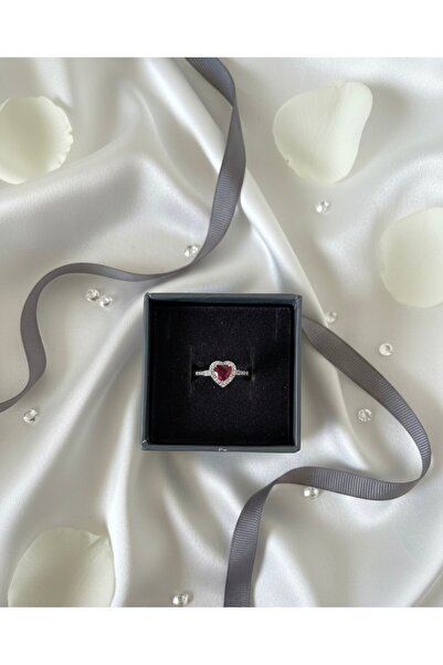 HİİS Kadın Gümüş Renk Kırmızı Kalp Yüzük - Zirkon Taşlı Vadi Modeli Minimal Y...