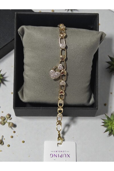 XUPING JEWELRY Altın Kaplama Kalp Desenli Taşlı Çelik Bileklik