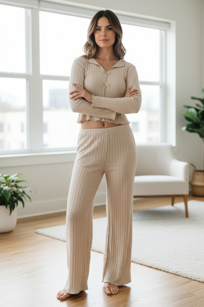 Afşin Bow Detail Long Sleeve Comfortable and Flexible Interlock Pajama Set