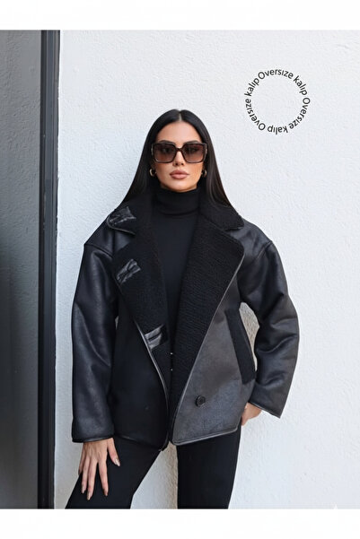 Orions Collection سترة نسائية من جلد الغزال الأسود بأزرار قصة فضفاضة – موديل ...